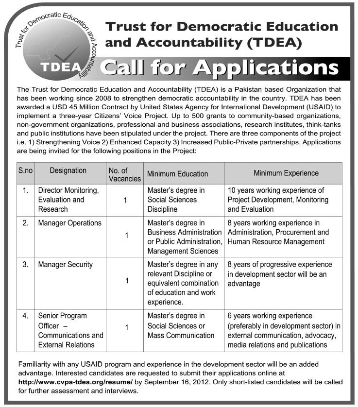 Trust for Democratic Education & Accountability (TDEA) Jobs 2013