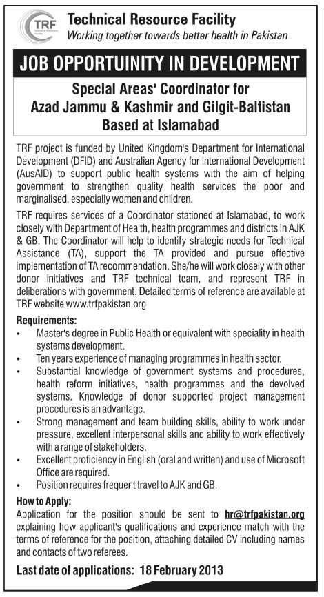 TRF - Technical Resource Facility Job for Special Areas' Coordinator