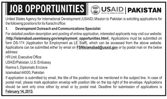 USAID Pakistan Job 2013 Development Outreach & Communication Specialist