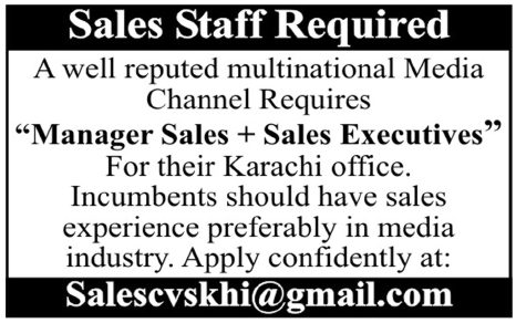 Multinational Media Channel Jobs for Sales Executives & Manager Sales