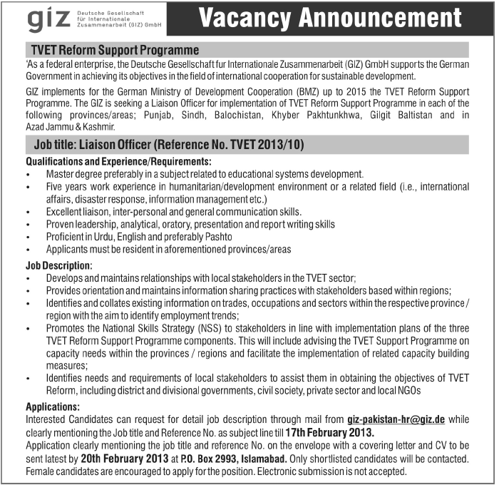 Liaison Officer Vacancies at GIZ Pakistan 2013