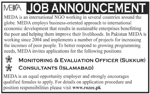 MEDA Pakistan Jobs 2013 for M&E Officer & Consultants