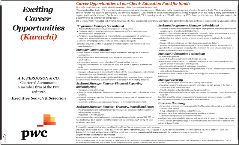 Education Fund for Sindh (EFS) Jobs 2013 Managers & Secretary through PwC (A. F. Ferguson & Co.)