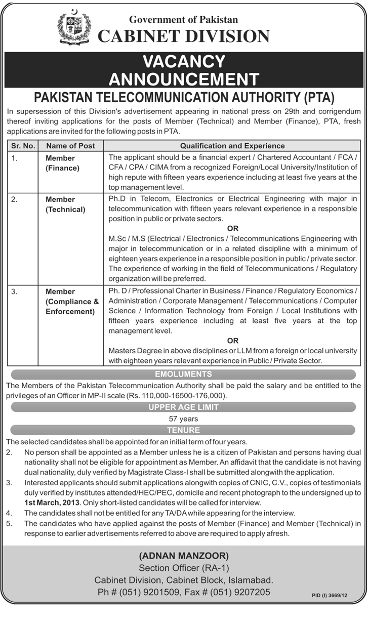 PTA Jobs 2013 for Members Finance, Technical and Compliance & Enforcement