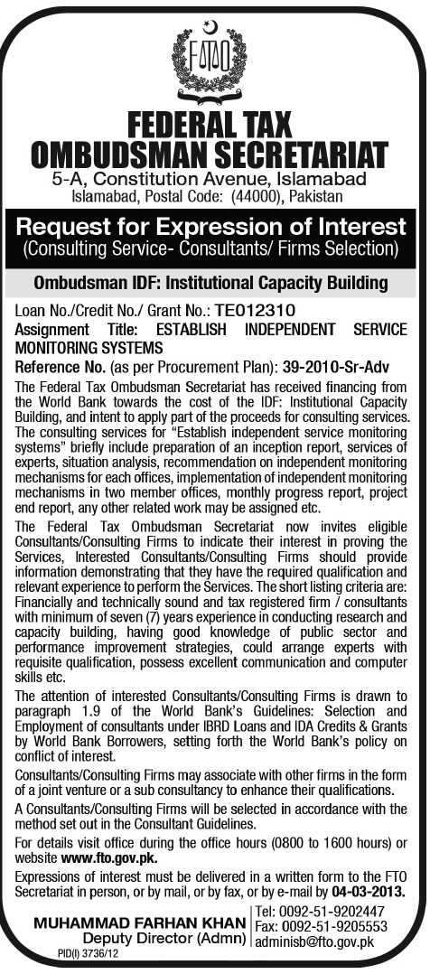 Federal Tax Ombudsman Job 2013 for Consultant to Establish Independent Service Monitoring Systems
