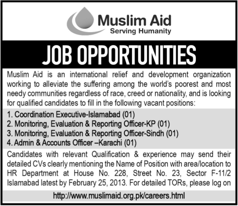 Muslim Aid Pakistan Jobs 2013 (International NGO / INGO)