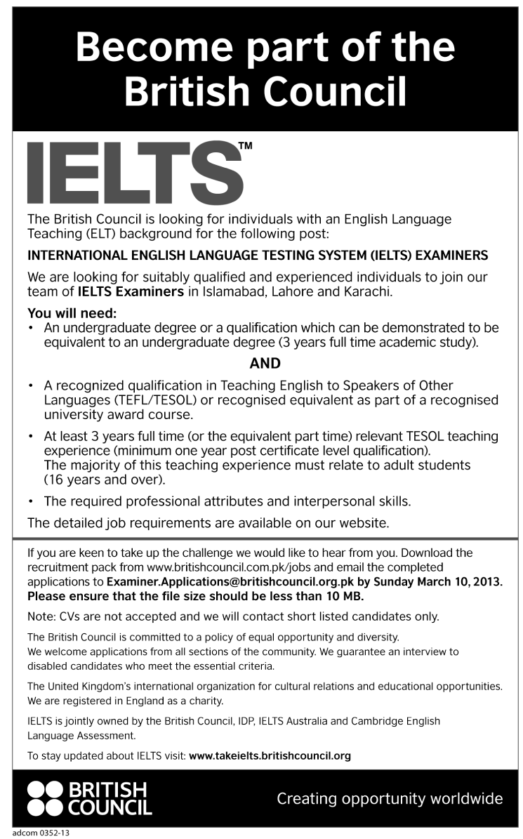 British Council Pakistan Jobs 2013 for IELTS Examiners in Islamabad, Lahore & Karachi