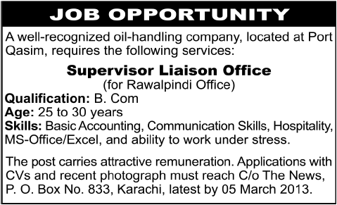 Job in Oil Handling Company for Supervisor Liaison Office