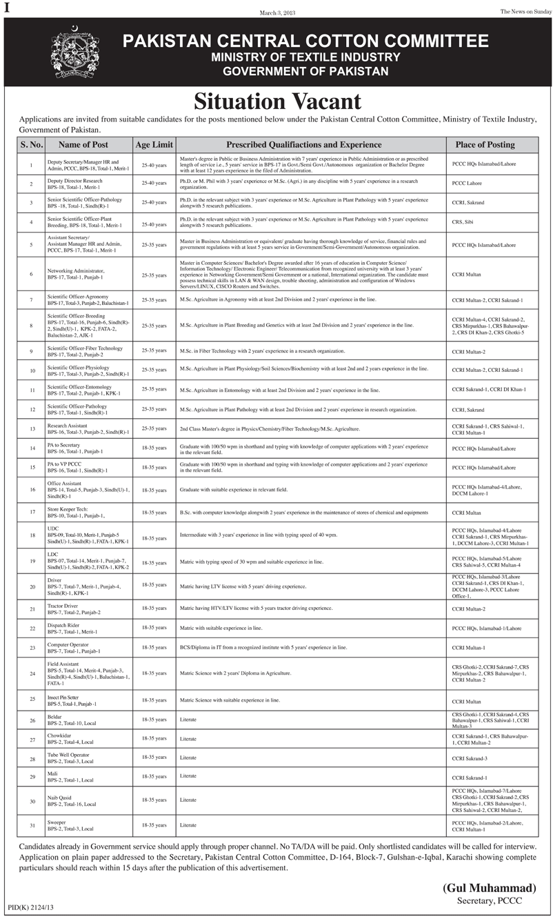 PCCC Jobs 2013 Ministry of Textile Industry