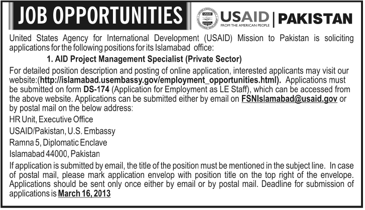 USAID Job 2013 for AID Project Management Specialist