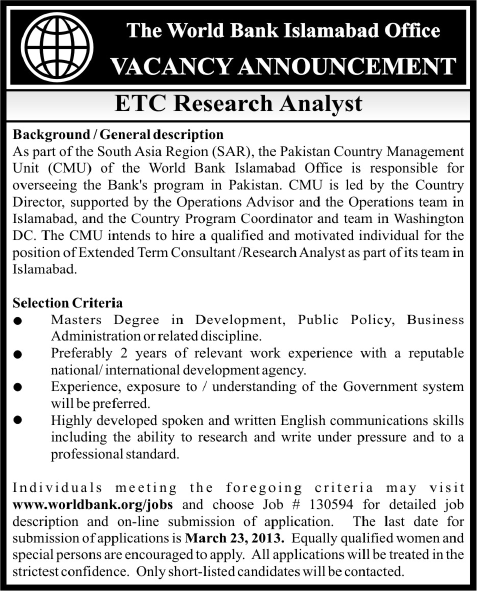 ETC Research Analyst Job in the World Bank Islamabad Office