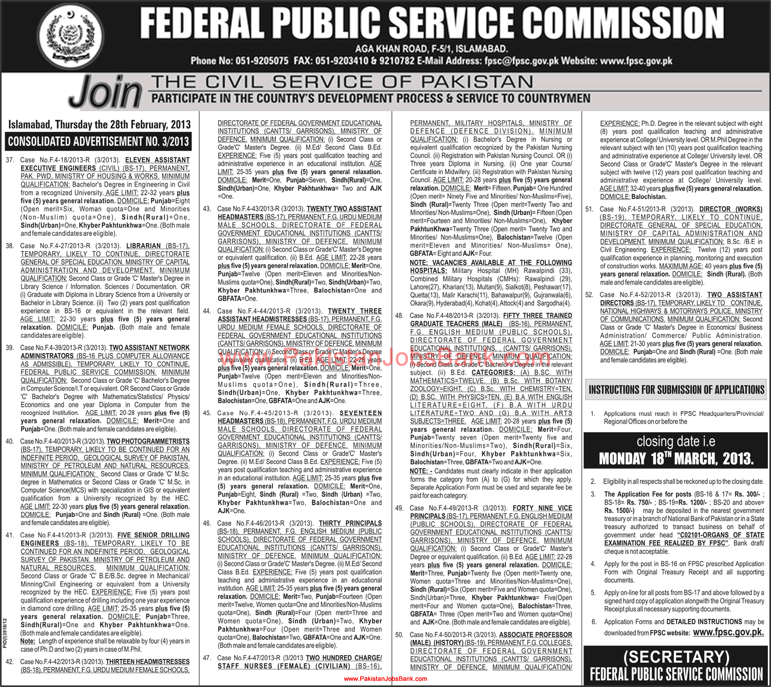 FPSC Jobs 2013 March Latest Advertisement