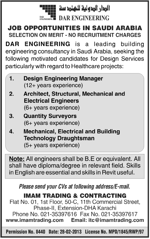 Jobs in Saudi Arabia 2013 Architect, Structural/Mechanical/Electrical Engineers, Surveyors & Draughtsmans