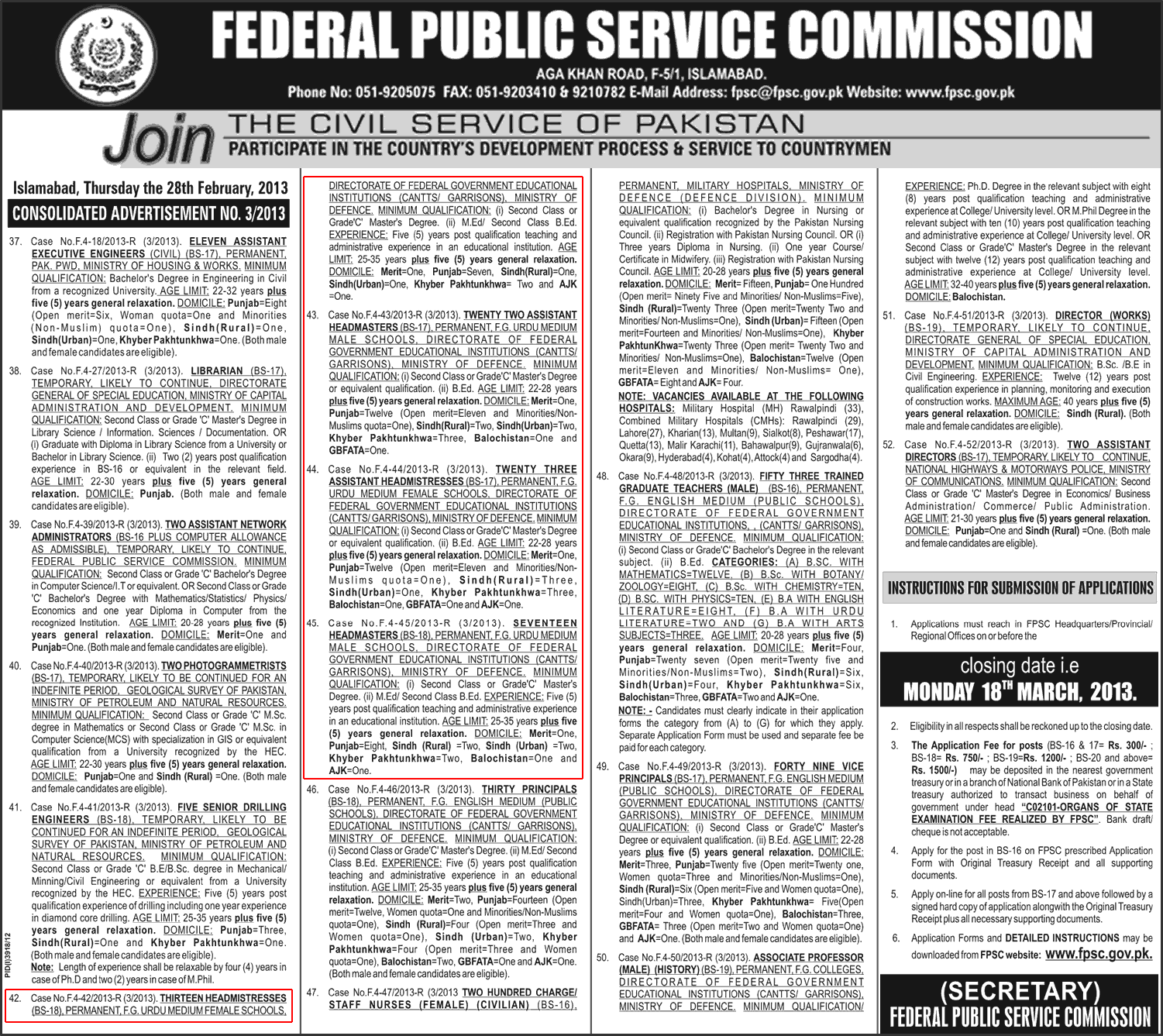 Headmaster/Headmistress Jobs by FPSC in F.G. Schools F.G.E.I. (C/G) 03-March-2013 Ad Latest