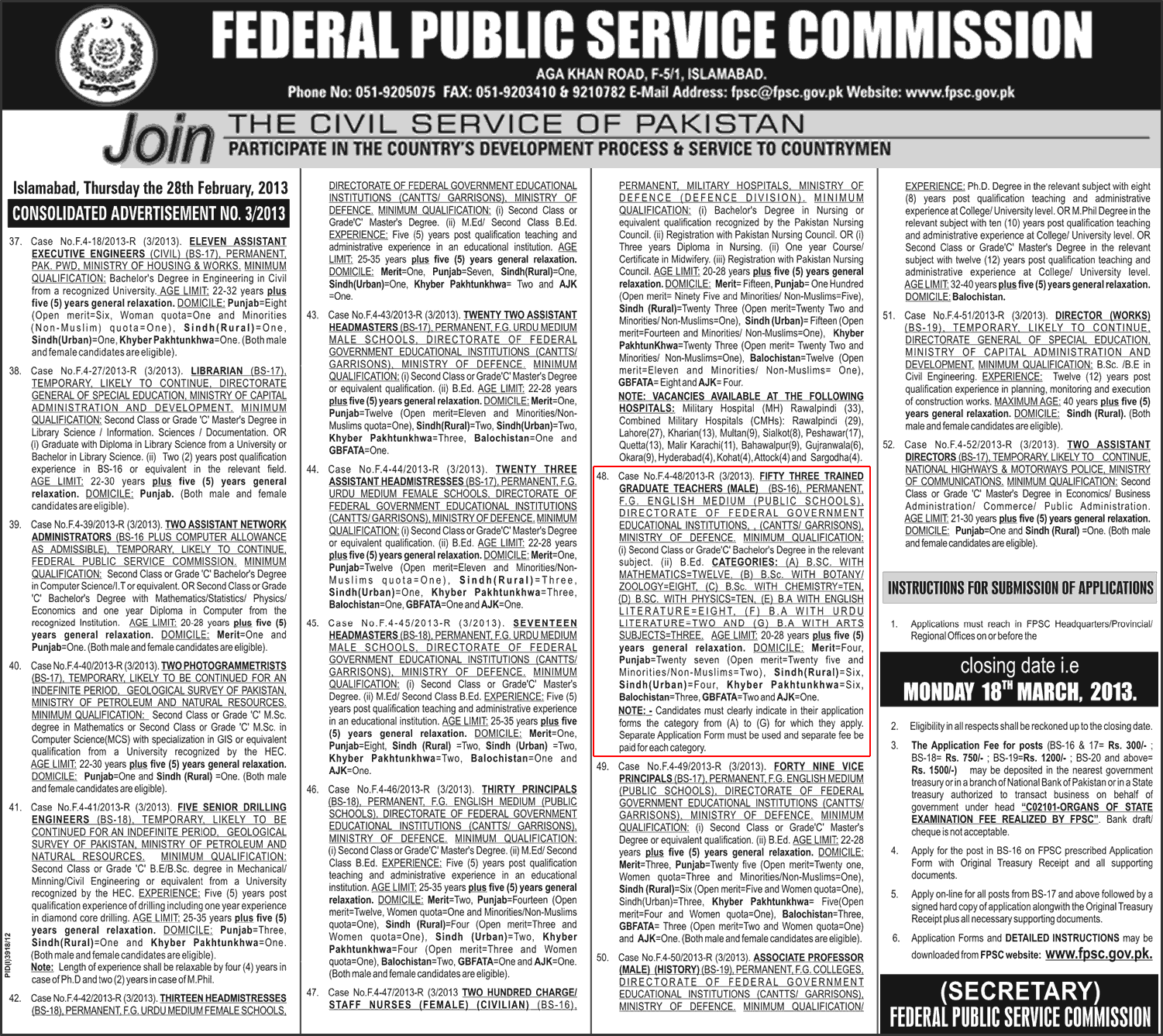 FPSC Teaching Jobs in F.G. Schools F.G.E.I. (C/G) 03-March-2013 Ad Latest