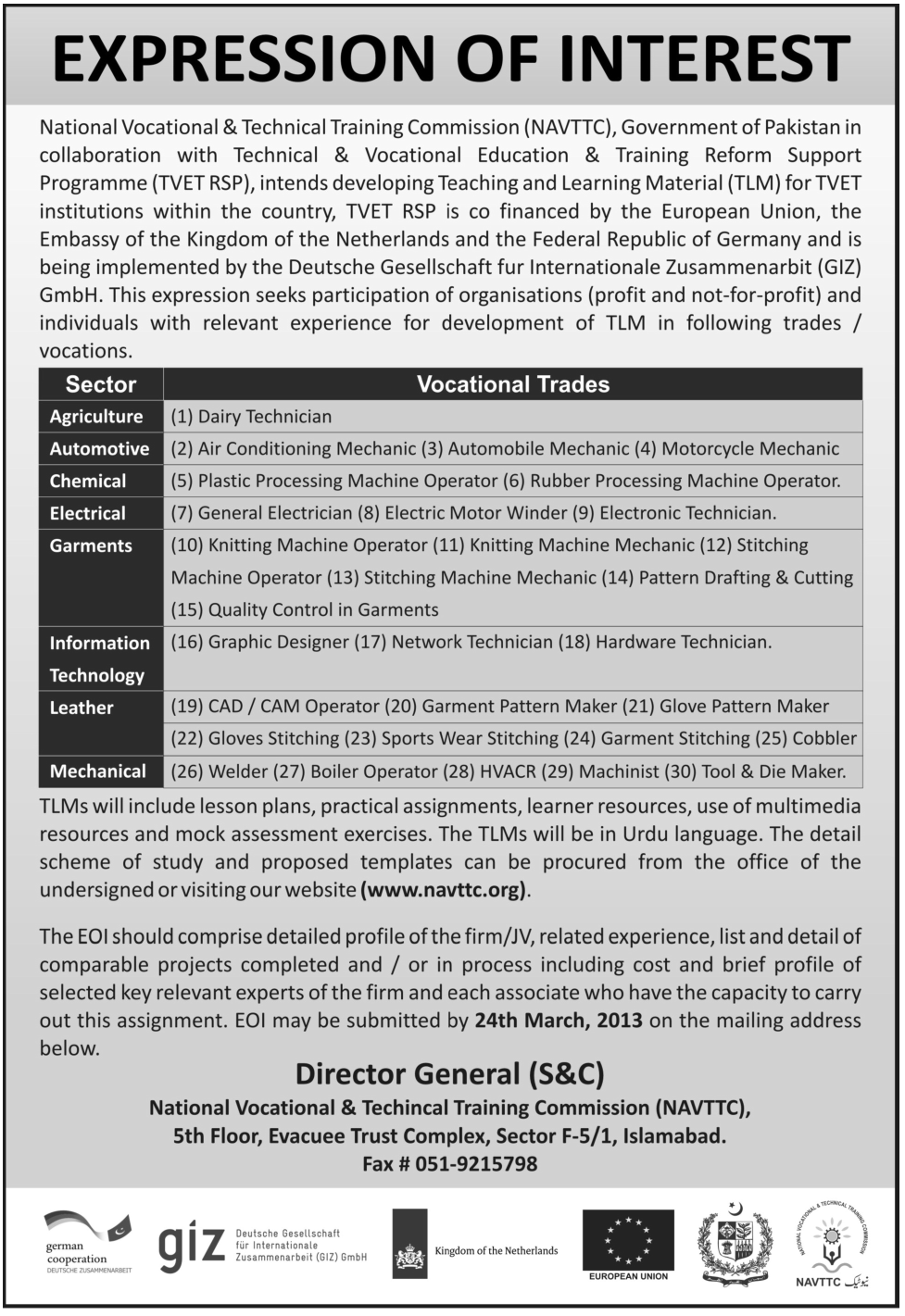 NAVTTC & TVET Reform Support Programme Jobs 2013 for Teaching & Learning Material Development Consultant