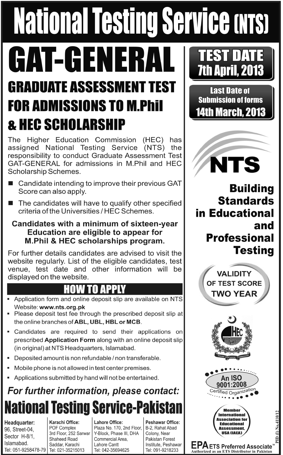 NTS GAT-General Test April 2013