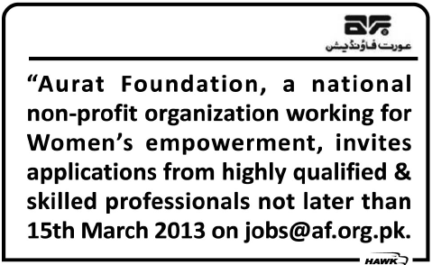 Aurat Foundation (NGO) Jobs 2013 for Professionals