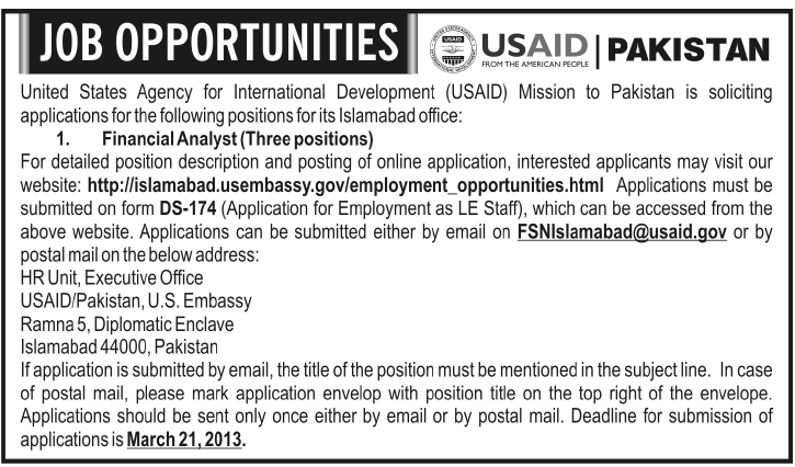 USAID Jobs 2013 for Financial Analysts