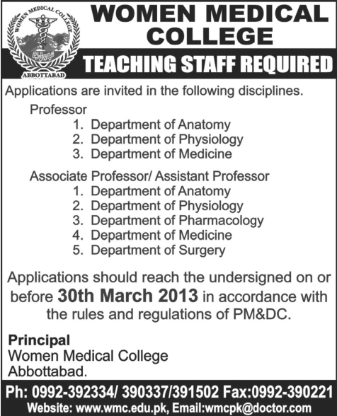 Women Medical College Jobs 2013 for Teaching Staff