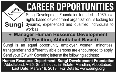 Manager Human Resource Development Job at Sungi Development Foundation