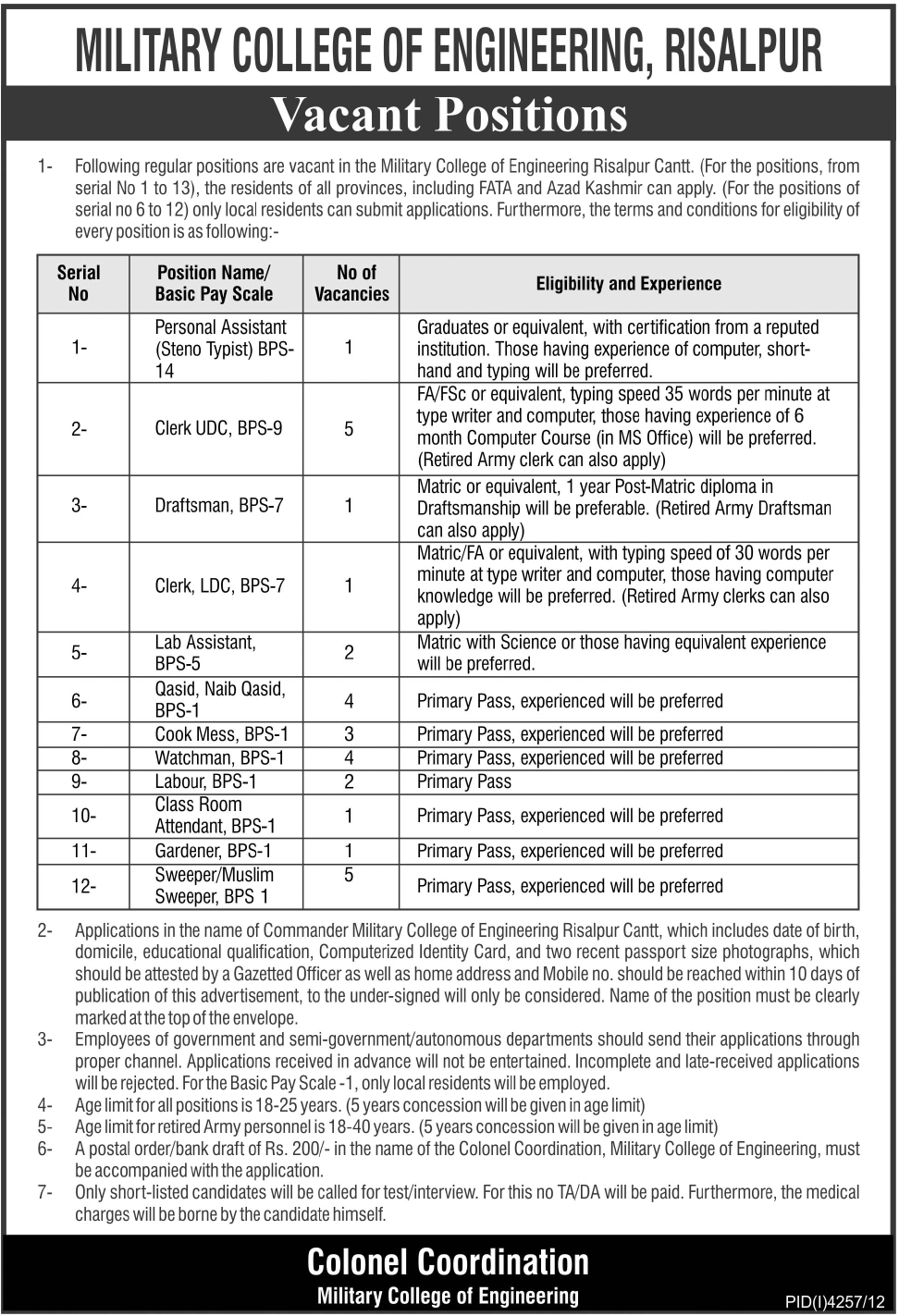 MCE Risalpur Jobs 2013 Military College of Engineering Latest Advertisement