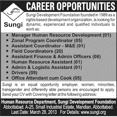 Sungi Development Foundation Jobs 2013 March Latest Advertisement