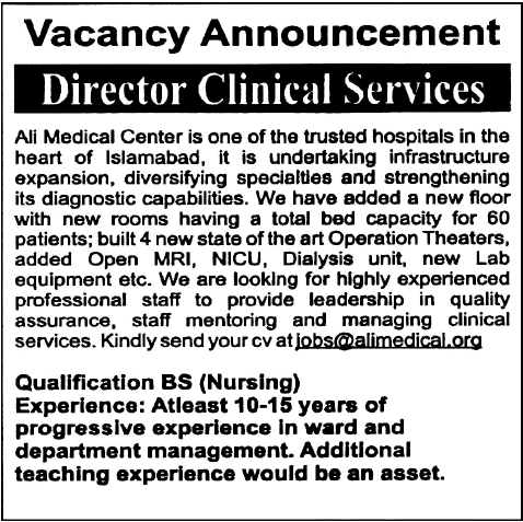 Ali Medical Center Islamabad Job 2013 for Director Clinical Services