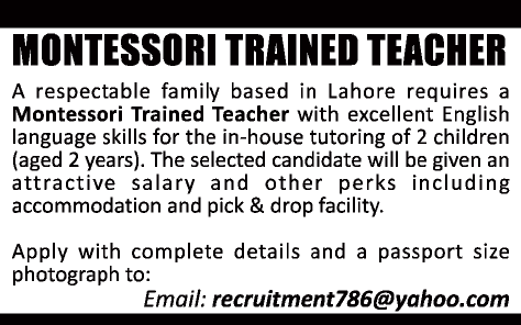 Montessori Teacher Job in Lahore 2013 Latest for In-House Tutoring