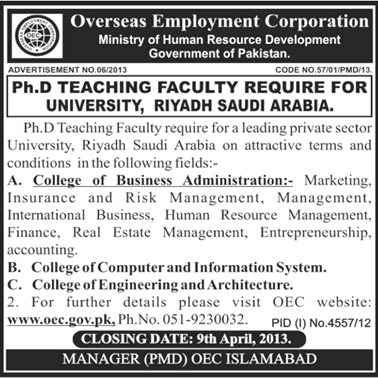 PhD Teaching Faculty Jobs in Saudi Arabia 2013 at Riyadh by Overseas Employment Corporation (OEC)