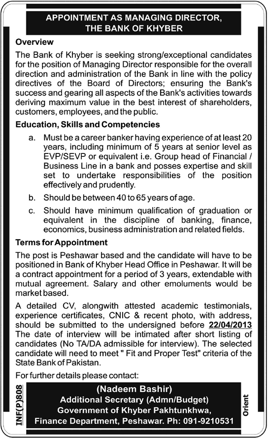 Managing Director (MD) Vacancy at Bank of Khyber Head Office Peshawar 2013