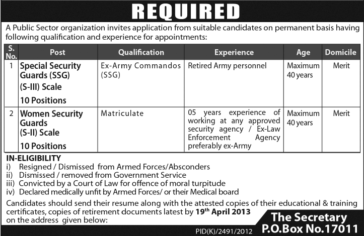 PO Box 17011 Karachi Jobs 2013 Ex/Retired SSG Commandos & Women Security Guards in Public Sector Organization