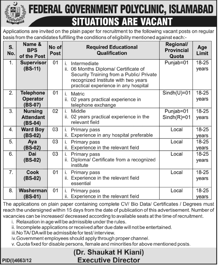 Jobs in Polyclinic Islamabad 2013 April