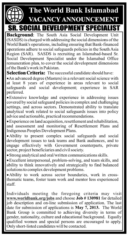 World Bank Job in Pakistan 2013 Islamabad Latest for Senior Social Development Specialist