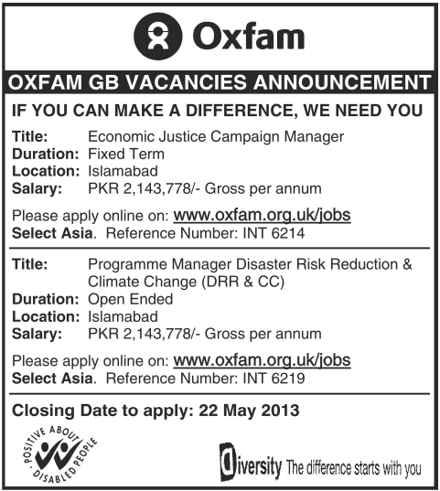 Oxfam GB Jobs 2013-May-09 Pakistan Islamabad