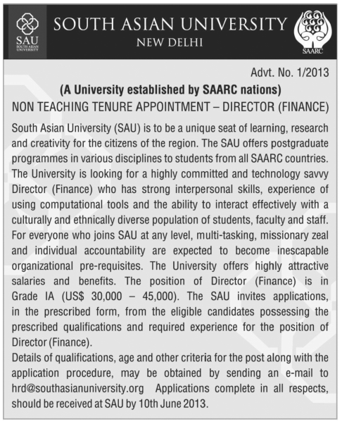 South Asian University New Delhi Job 2013 for Director Finance (SAARC)
