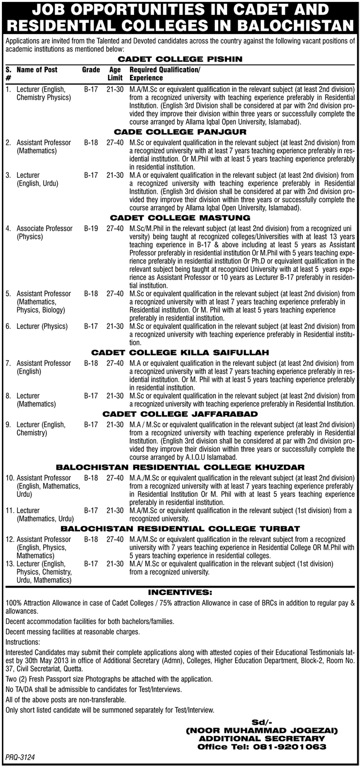 Assistant/Associate Professor & Lecturer Jobs in Cadet & Residential Colleges of Balochistan 2013 Teaching Faculty