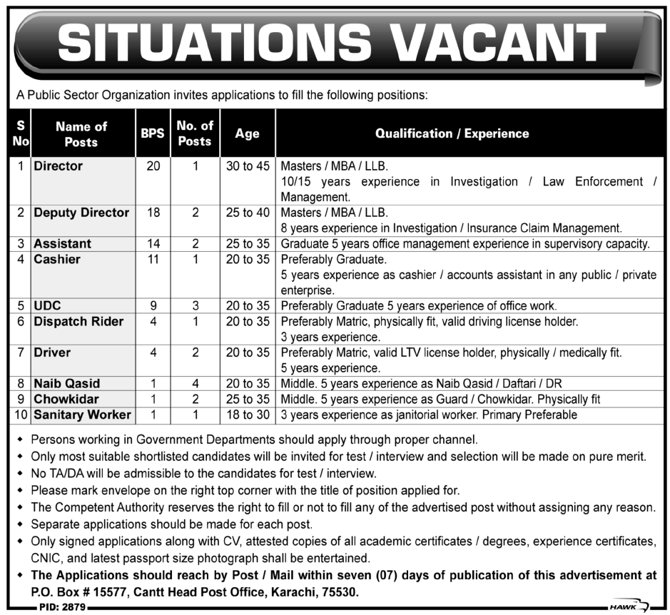 PO Box 15577 Cantt Head Post Office Karachi Jobs 2013 in a Public Sector Organization