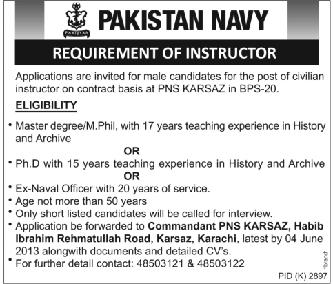 Civilian Instructor Job at Pakistan Navy Karachi 2013 May for History & Archive