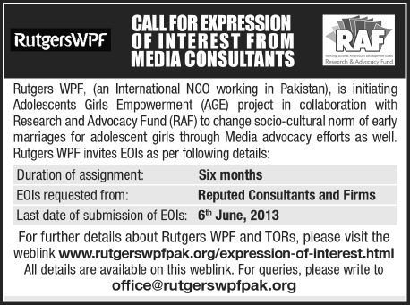 Rutgers WPF Pakistan Jobs 2013 Media Consult for AGE Project