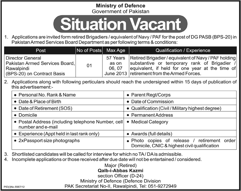 Director General Vacancy at Pakistan Armed Services Board Rawalpindi 2013