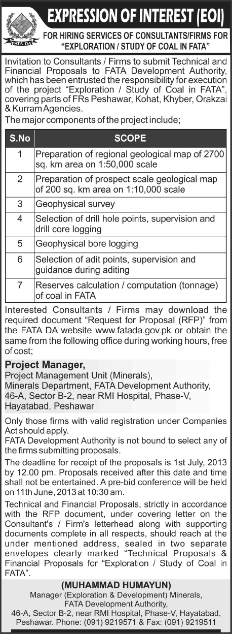 FATA Development Authority Jobs 2013 (FATA DA) Consultants for Exploration / Study of Coal in FATA