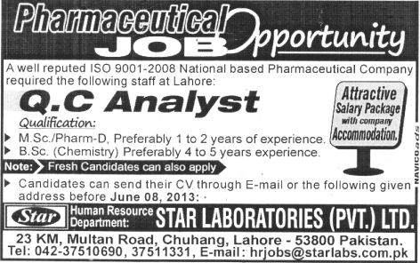 Quality Control Analyst Jobs in Lahore 2013 in Pharmaceutical Industry at Star Laboratories (Private) Limited