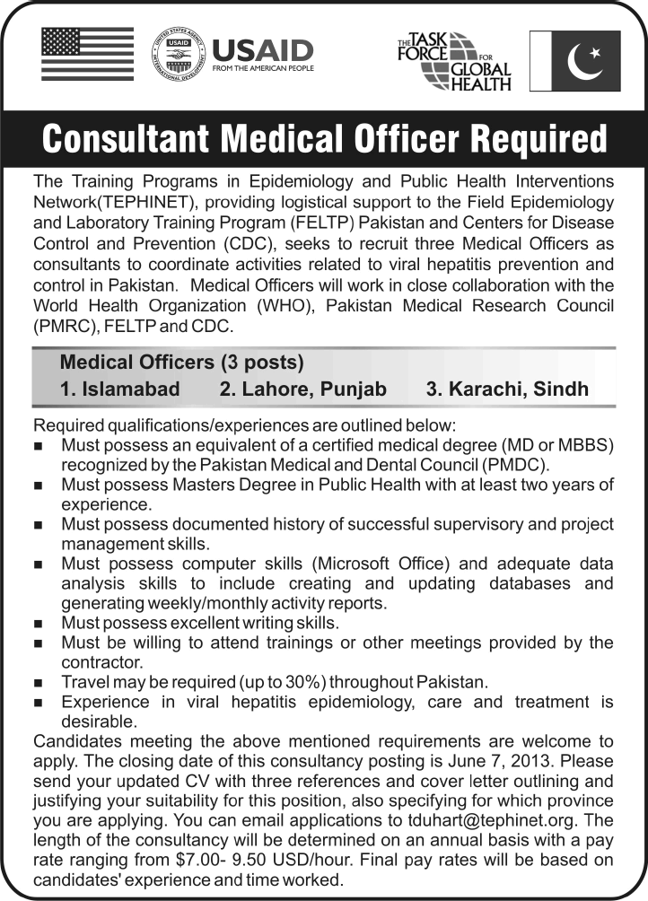 USAIDS Jobs in Pakistan 2013 May / June Latest for Medical Officers on TEPHINET Project