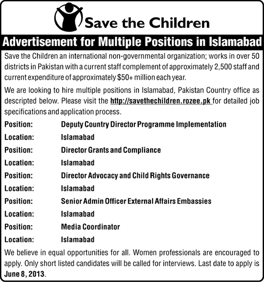 Save the Children Jobs in Islamabad 2013 June