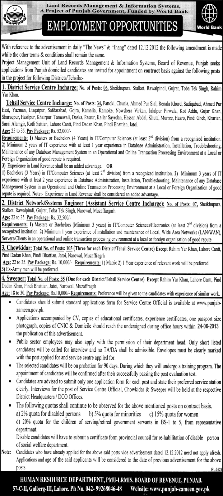 LRMIS Jobs 2013 June Land Records Management & Information Systems Punjab Latest Advertisement