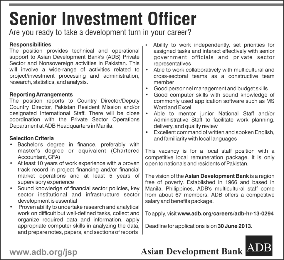 Asian Development Bank Pakistan Jobs 2013 Senior Investment Officer