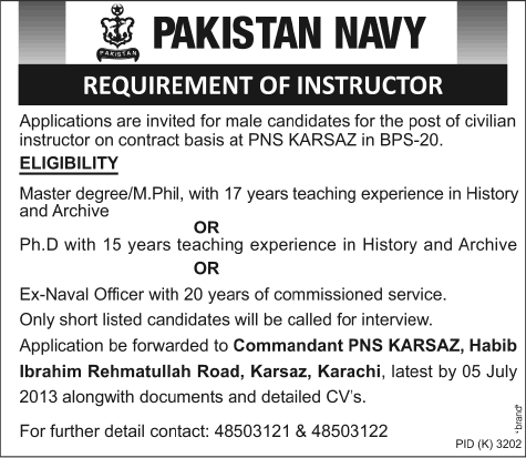 Pakistan Navy Jobs June 2013 Karachi Civilian Instructor for History & Archive