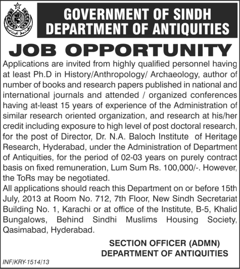 Department of Antiquities Government of Sindh Jobs 2013 July for Director of N. A. Baloch Institute of Heritage Research Hyderabad