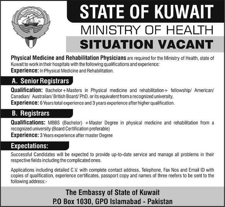 Ministry of Health Kuwait Jobs 2013 July for Doctors Physical Medicine & Rehabilitation Physicians (Senior / Registrars)